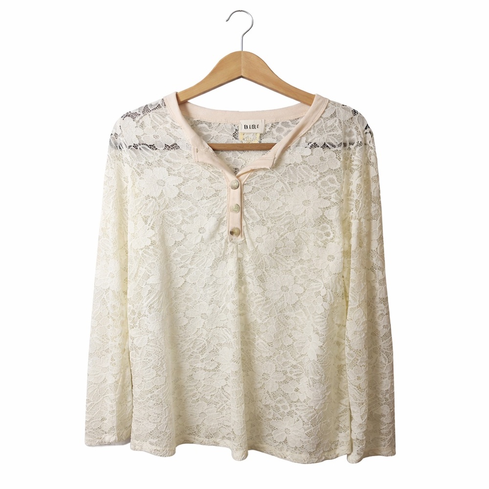 BiBi Cream Floral Lace Long Sleeve Top Medium Sheer Boho Romantic Button Front